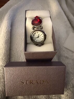 Strada Silver-Tone Bracelet Watch with Deep Red Crystal Accent